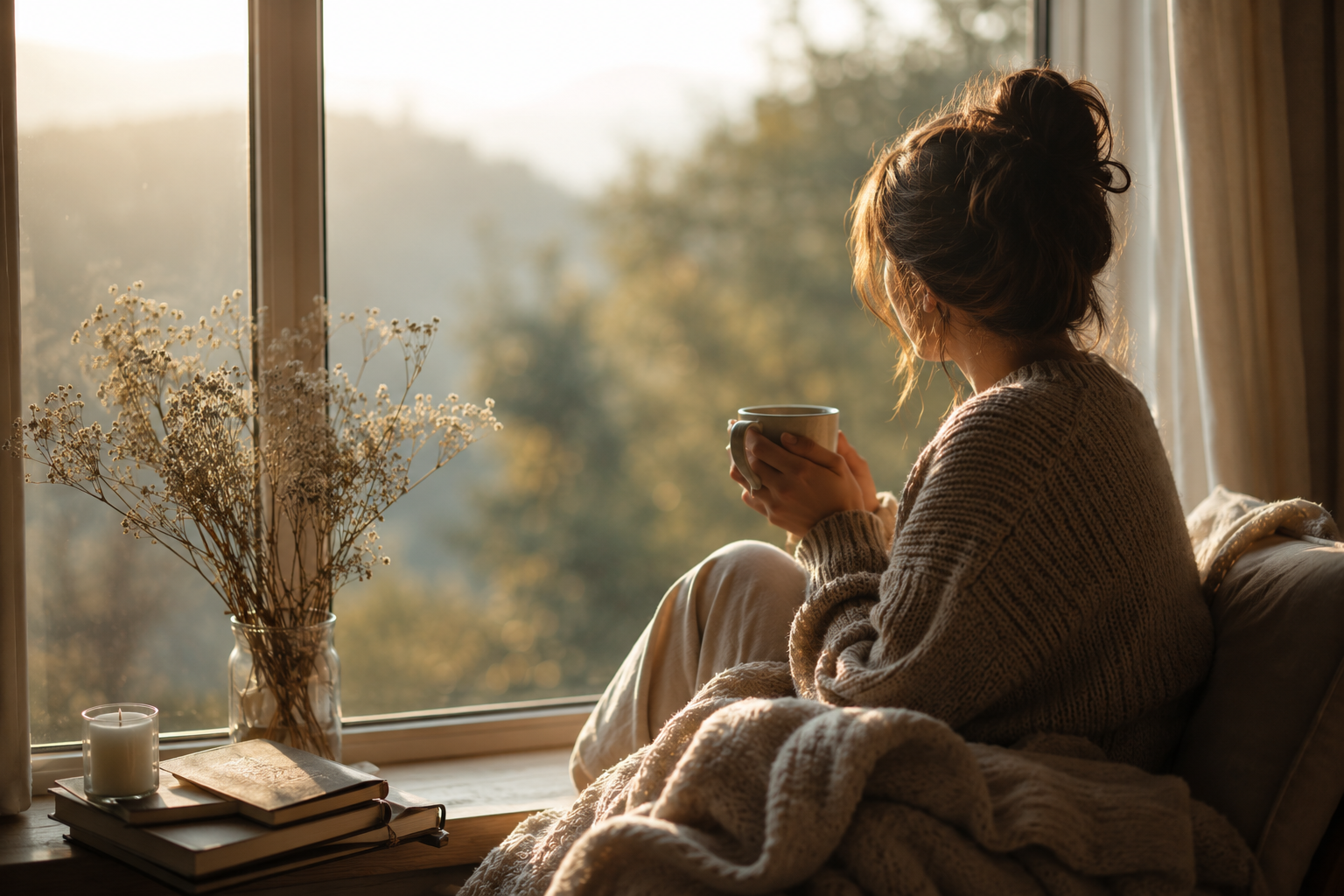 Woman holding coffee by the window